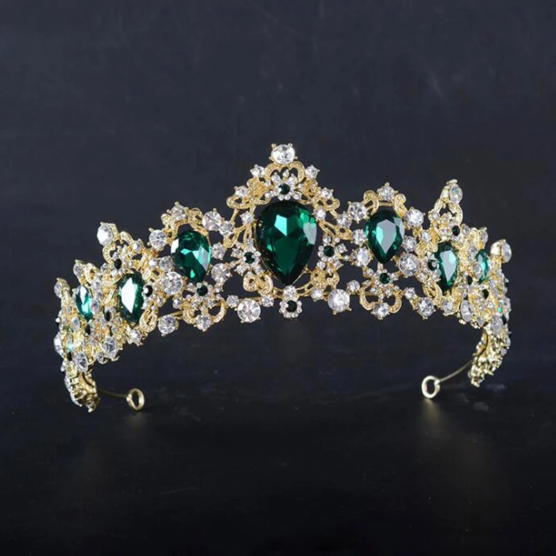 KMVEXO Baroque Red Green Crown Crystal Bridal Tiara Vintage Gold Color Hair Accessories Wedding Rhinestone Diadem Pageant Crowns