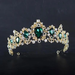 KMVEXO Baroque Red Green Crown Crystal Bridal Tiara Vintage Gold Color Hair Accessories Wedding Rhinestone Diadem Pageant Crowns