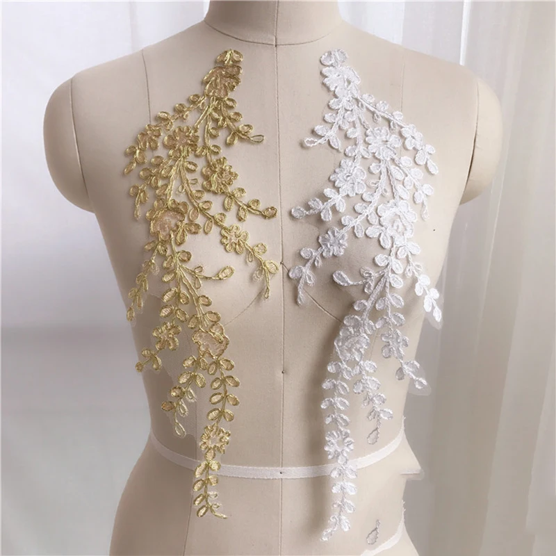 10Pieces Off White Lace Collar Fabric Trim DIY Embroidery Lace Appliqued Neckline Applique Sewing Craft Golden Leaves Motif