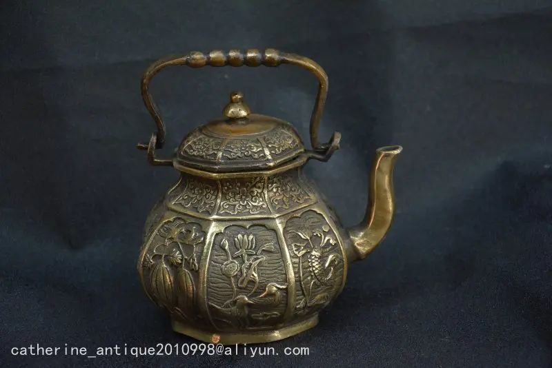 

Very rare Qing Dynasty (KangXi-1736-1795) cooper Flagon/Teapot,Sculpture lotus,mandarin duck&Flower,Free shipping