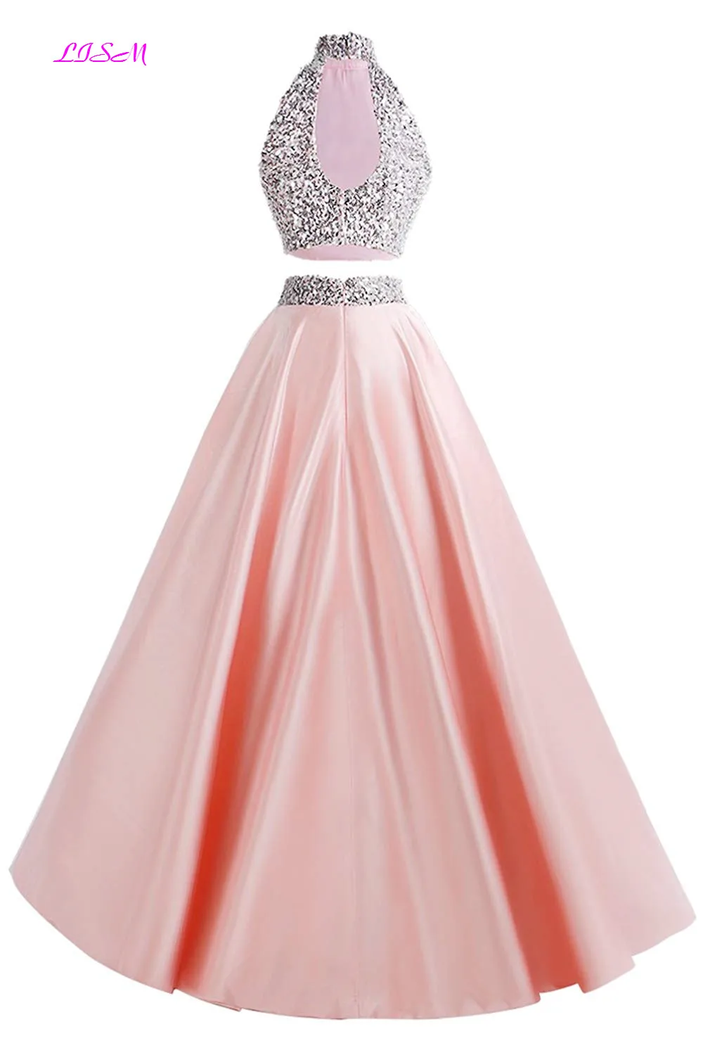 Robe de bal en Satin rose deux pièces, col haut, paillettes, cristaux, élégante, dos ouvert, longueur au sol, robe de spectacle