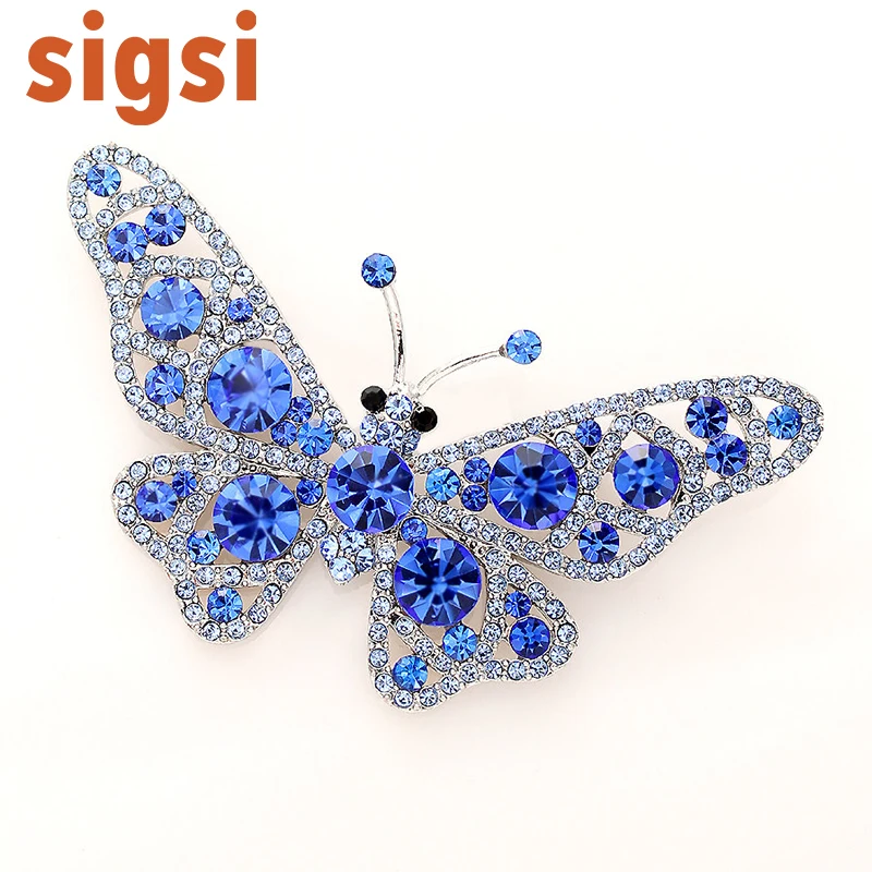 DHL free shipping 100pcs a lot 1.75H x 2 .75W inche Wedding Bridal Vintage Blue Rhinestone Butterfly Silver plated Brooch Pin