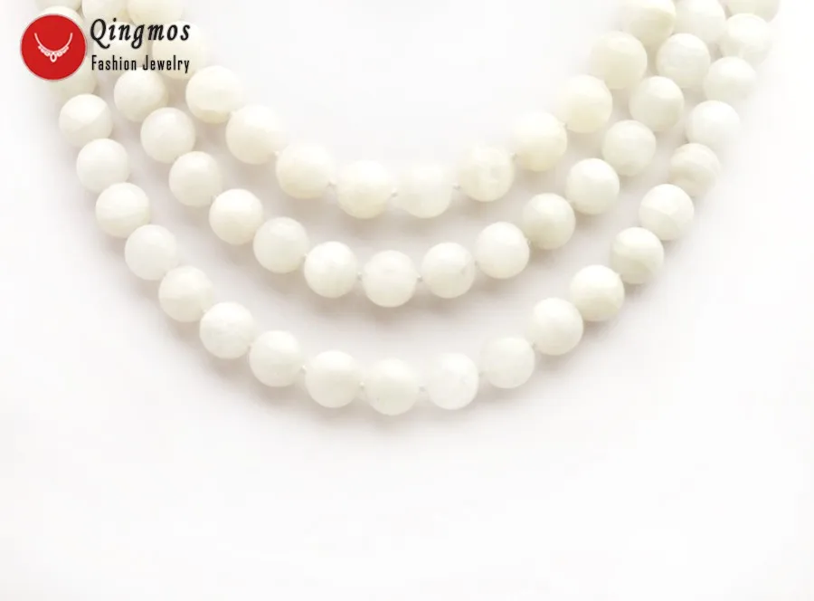 Qingmos Natural Moonstone Necklace for Women with 3 Strands 12mm White Round Moonstone Stone Necklace Jewelry Chokers nec6501