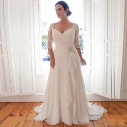 ADLN Plus Size Wedding Dress Vestido De Novia Longo Beaded Beach Chiffon Bridal Dresses with Sleeves Robe de Marriage