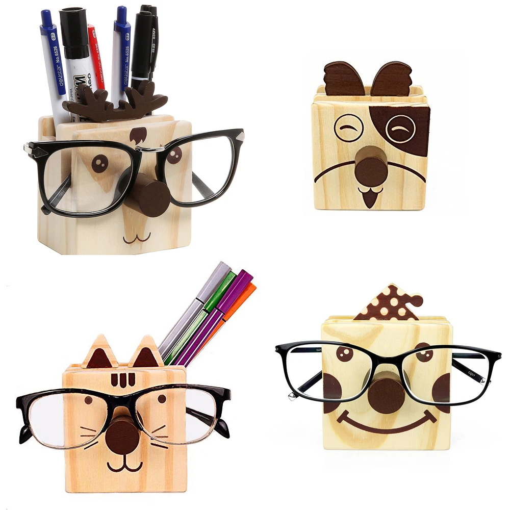 XRHYY Humorous Design Wood Multifunction Novelty Eye Glasses Pencil Cup Pen Holder Wooden Desktop Organizer / Cell Phone Stand