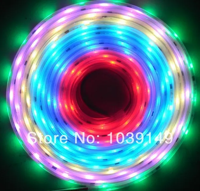 5m led digital strip,DC12V input,WS2811IC(256 scale);10pcs IC and 30pcs 5050 SMD RGB each meter;waterproof