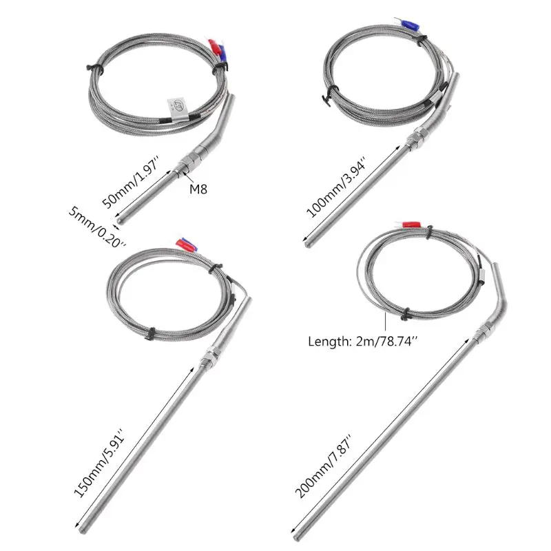 2m K Type Thermocouple Probe 50mm/100mm/150mm/200mm Stainless Steel Thermocouple 0-400℃ Temperature Sensor