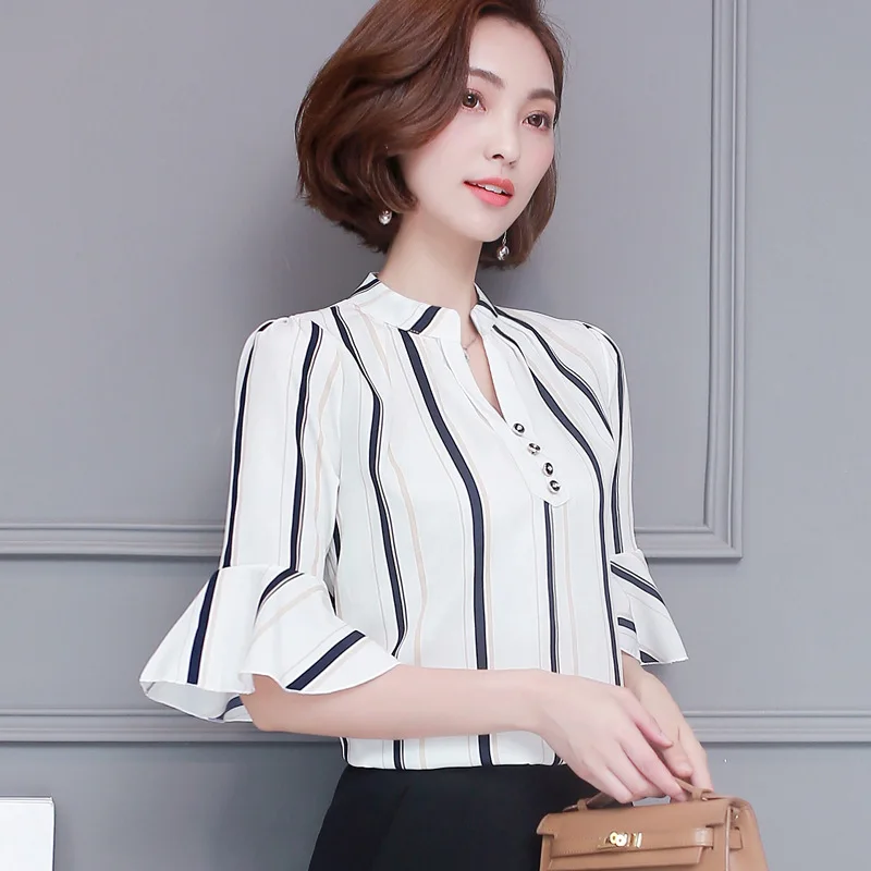 

Women Chiffon Shirt Summer New Style Half Sleeved Flare Sleeve Lady Loose Top Ruffled Print Temperament Female Blouses H9012