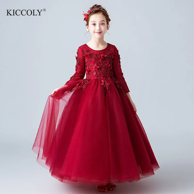 

Beaded Appliques Red Tulle Flower Girl Dress Party Pageant Gown Long Sleeve Princess Wedding Dress Kids First Communion Dresses