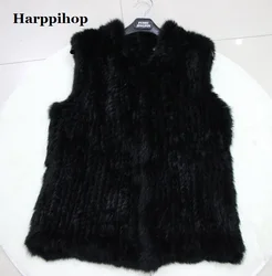 Harppihop Fur 2023 Lady Fashion Genuine Knitting Rabbit Fur Vest Waistcoat  Women  natural Fur vest  Gilet Outerwear vest