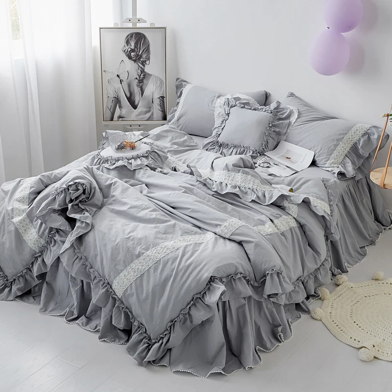 Washed Cotton Shabby Chic Ruffled Duvet Cover Set Quilt Cover Korean Princess Girls Bedding Set Bedskirt Twin Queen King Size