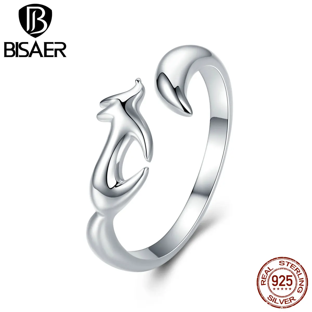 BISAER 100% 925 Sterling Silver Geometric Fox Shape Finger Ring Adjustable Animal Rings S For Women Wedding Jewelry Anel ECR478