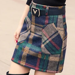 S-3XL New Women's Woolen Blends Skirt Autumn Winter 2024 Fashion Elegant Plaid Thick Slim Short Skirt Girl Female Red Green Blue