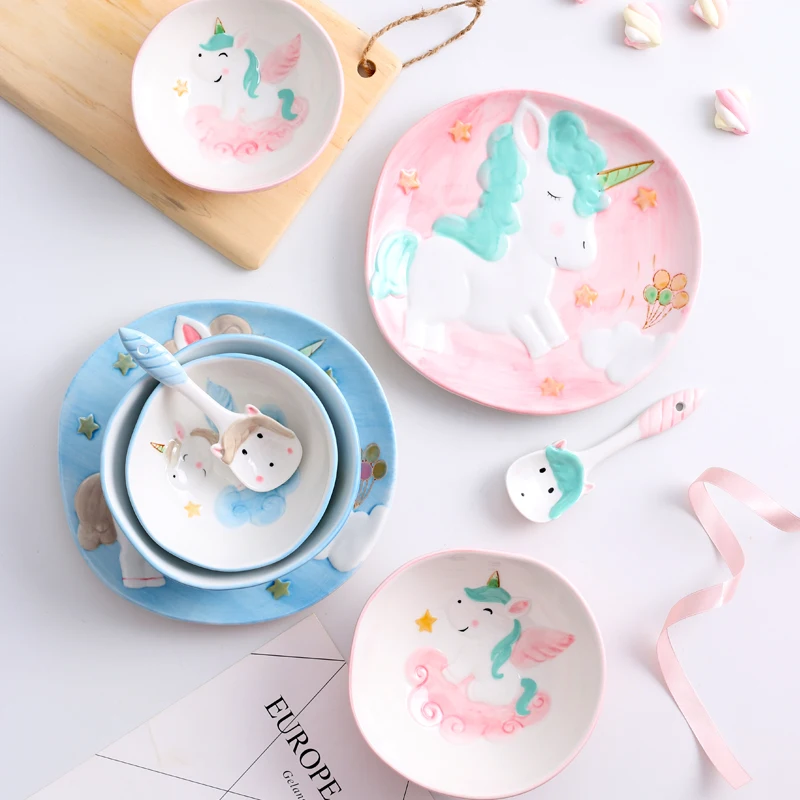 Set of Cartoon Animal Dinnerware Ceramic Dinner Plate Rice Bowl Salad Ramen Bowl with Spoon for Kids Unicorn Gift Box