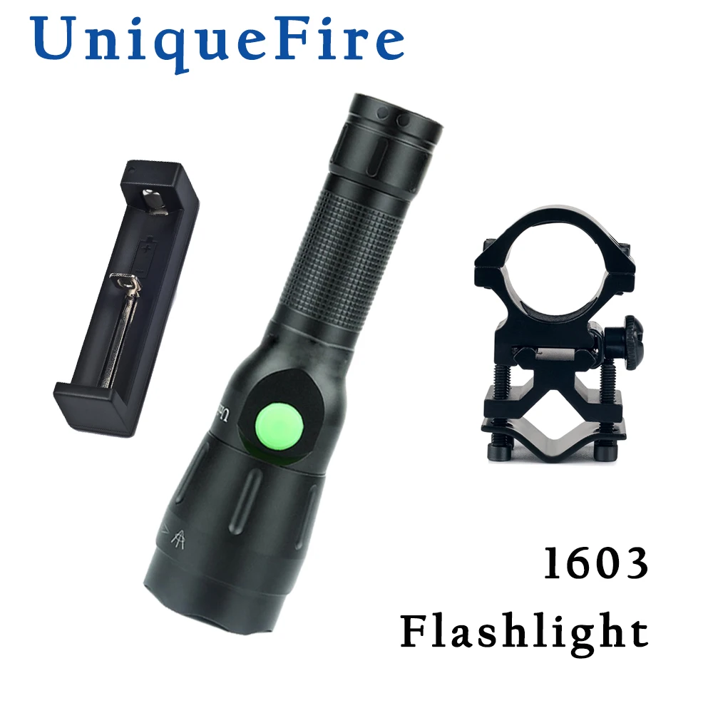 

UnqiueFire 1603 XM-L2 LED 38 mm Lens 1200 Lumen 4 Modes Rechargeable Flashlight & USB Charging Cable & Charger &Scope Mount