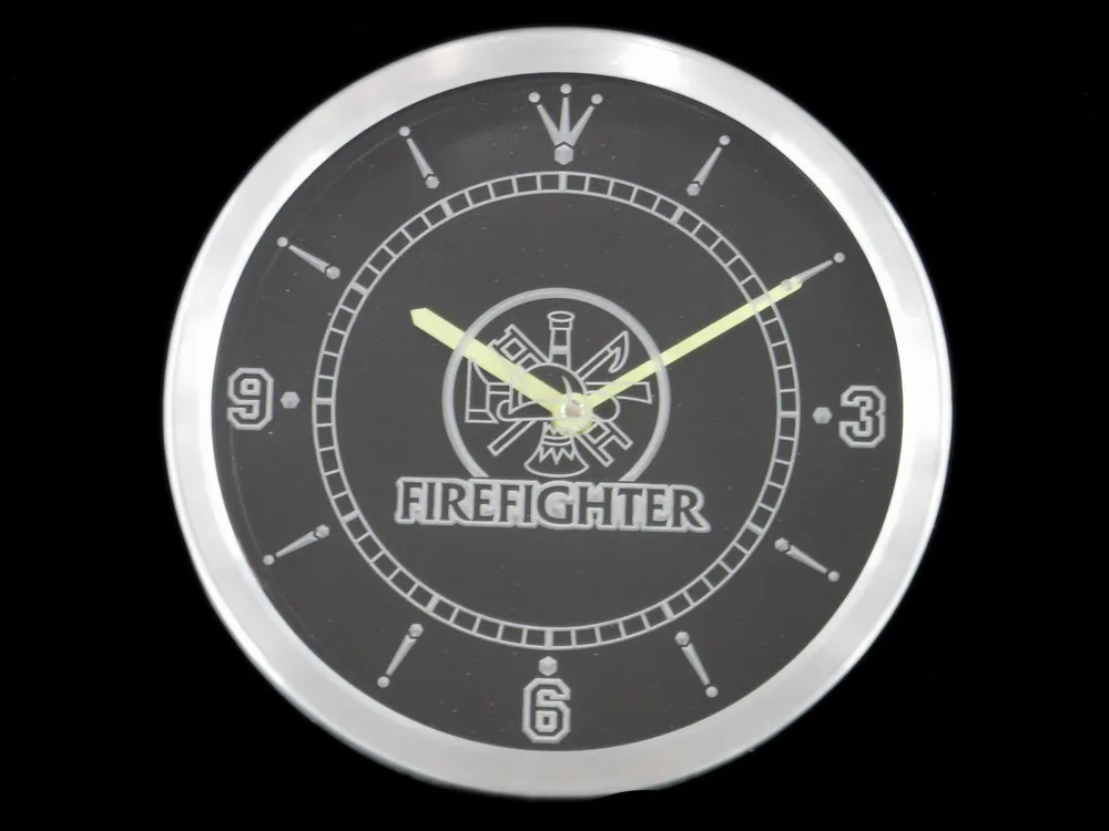 nc0138 Fire Fighter Ladder AXE Helmet Neon Light Signs LED Wall Clock