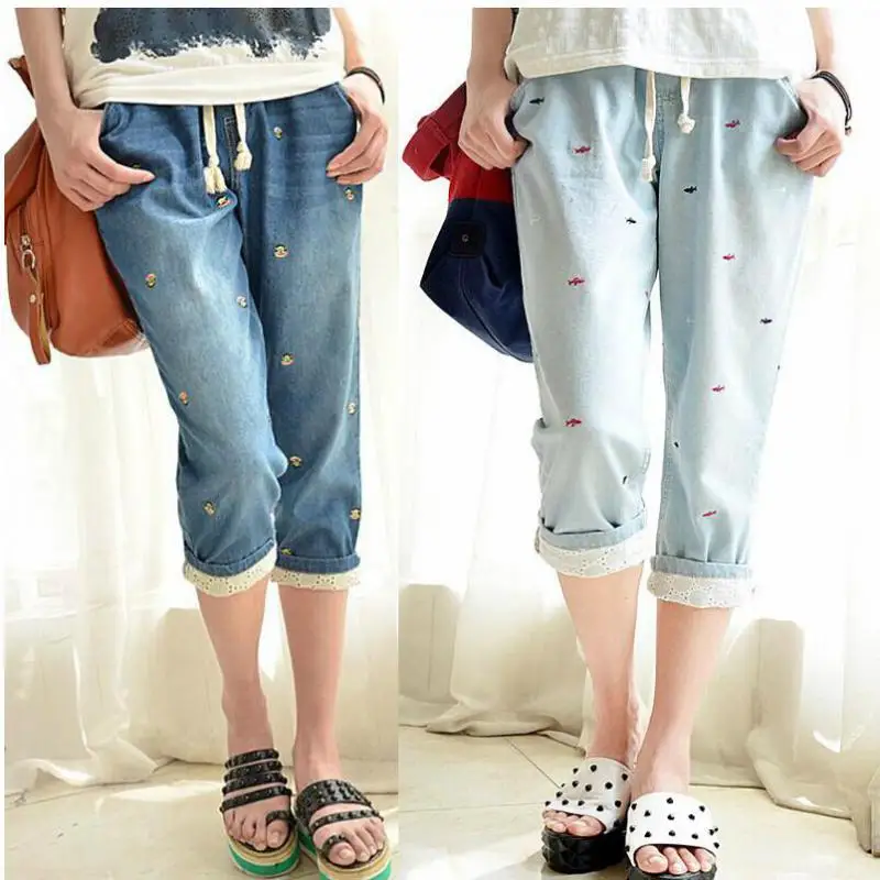 2024 New Summer The Fashion Casual Loose Large Code Embroidered Jeans Elastic Waist Seven Points Pants Tide Female Free Shipping