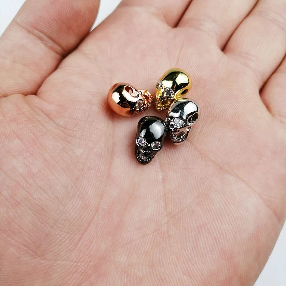 WLYeeS 4pcs white zircon Skull Charm Copper beads Inlay CZ Metal Spacer Loose beads Jewelry bracelet making Necklace DIY Finding