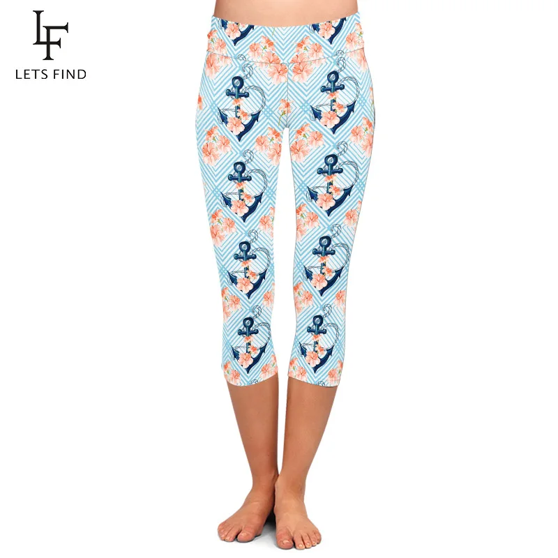 Verão nova âncora 3d e flores impressão digital de cintura alta capri leggings alta elástica meados de bezerro 3/4 estiramento calças femininas casuais