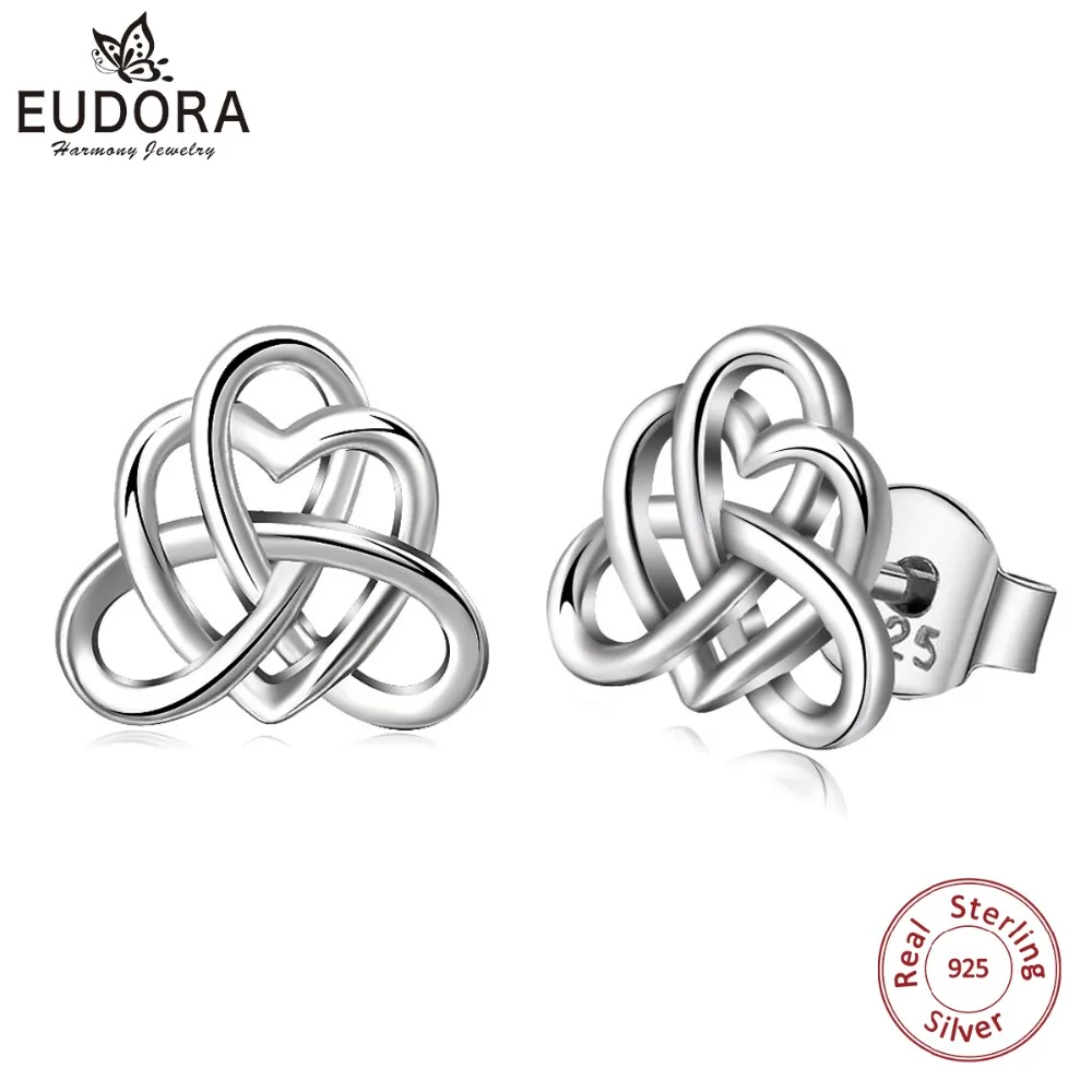 EUDORA Real 925 Sterling Silver Earring Celtics Knot Heart Stud Earring Fashion Dangler for Women Cute Silver Jewelry Party Gift