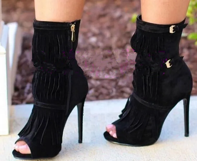 

Black/nude peep toe stiletto heels platform ankle boots buckles strap tassels boots super high heels fringed short boots lady