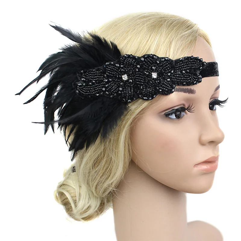 Hair Accessories Black Rhinestone Beaded Sequin Hair Band 1920s Vintage Gatsby Party Headpiece Women Flapper Feather Headband