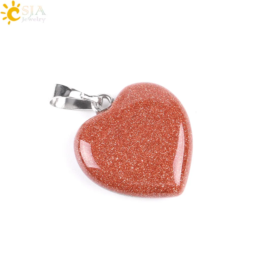 CSJA Natural Stone Heart Necklace Reiki Healing Crystal Blue Brown Sand Opal Pendant Lover Chain Jewelry E757