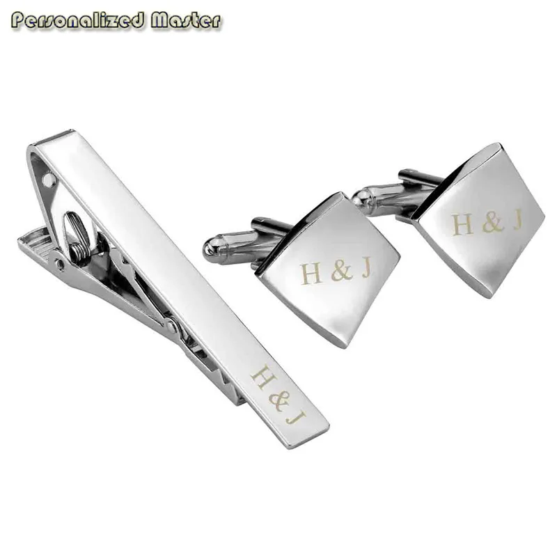 Personalized Master Free Customized Name 3pcs Stainless Steel Cufflinks Tie Clip Bar Set for Mens Shirt Business Wedding Gift