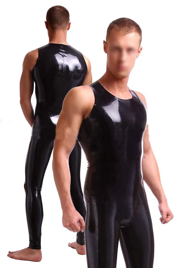 new fashion Men's sexy black latex tights clothes fetish sleeveless rubber garment catsuit without zipper