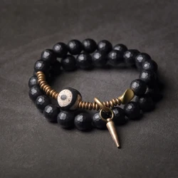 Vintage Style 8mm Faceted Black Onyx Double Wrap Three-Eyed Dzi Bead Elastic Bracelet for Men & Women