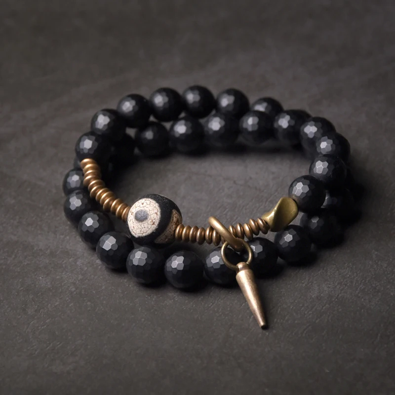 Faced Black Onyx Tibetan Bead Bracelet Mixed Vintage Processed Copper Vajar Buddhism Zen Healing Jewelry Unisex Male Female