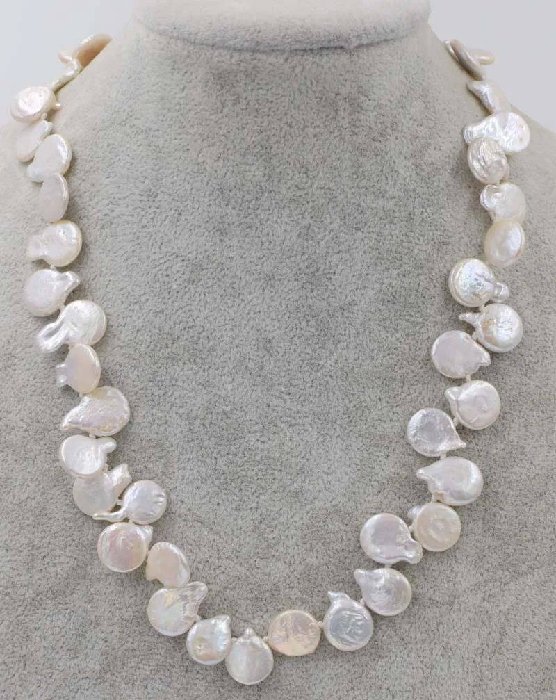 

freshwater pearl white coin 12-14mm necklace 18inch FPPJ wholesale beads nature