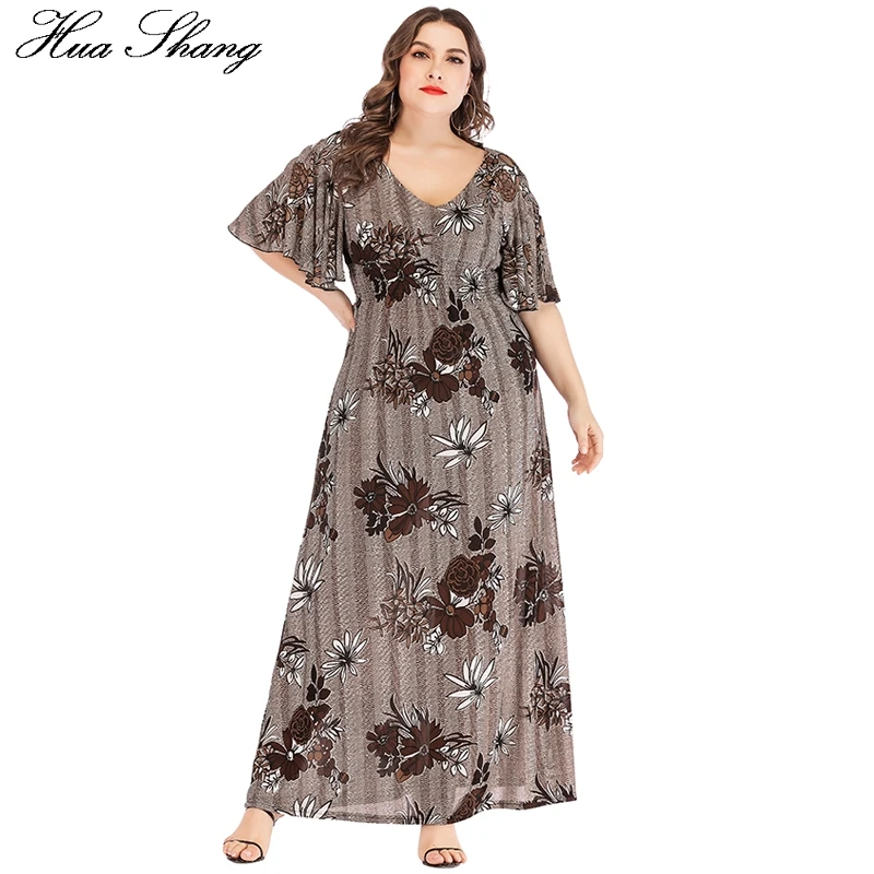 Plus Size Dress Summer 2023 Women V Neck Flare Short Sleeve Floral Print Vintage Dress Elastic High Waist Tunic Beach Dresses