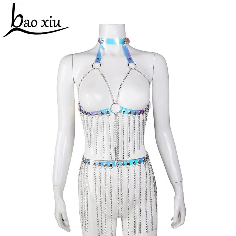 

New fashion Punk Goth Sexy color pvc Leather Harness belts Collar metal tassel Choker Bra Frame Body Bondage Cage Belt Straps