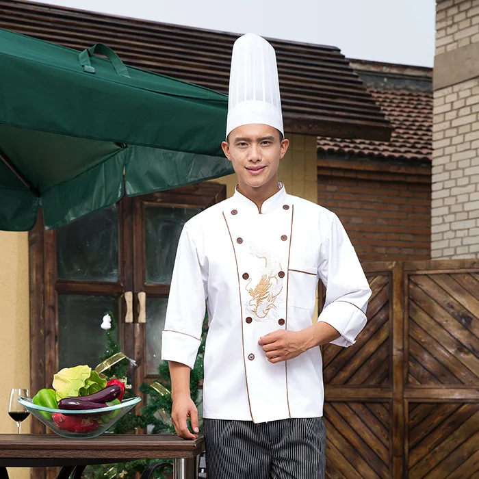 Macacão de chef de cozinha com mangas compridas, jaqueta branca adulta, uniforme de chef de cozinha, outono e inverno, roupa de dragão