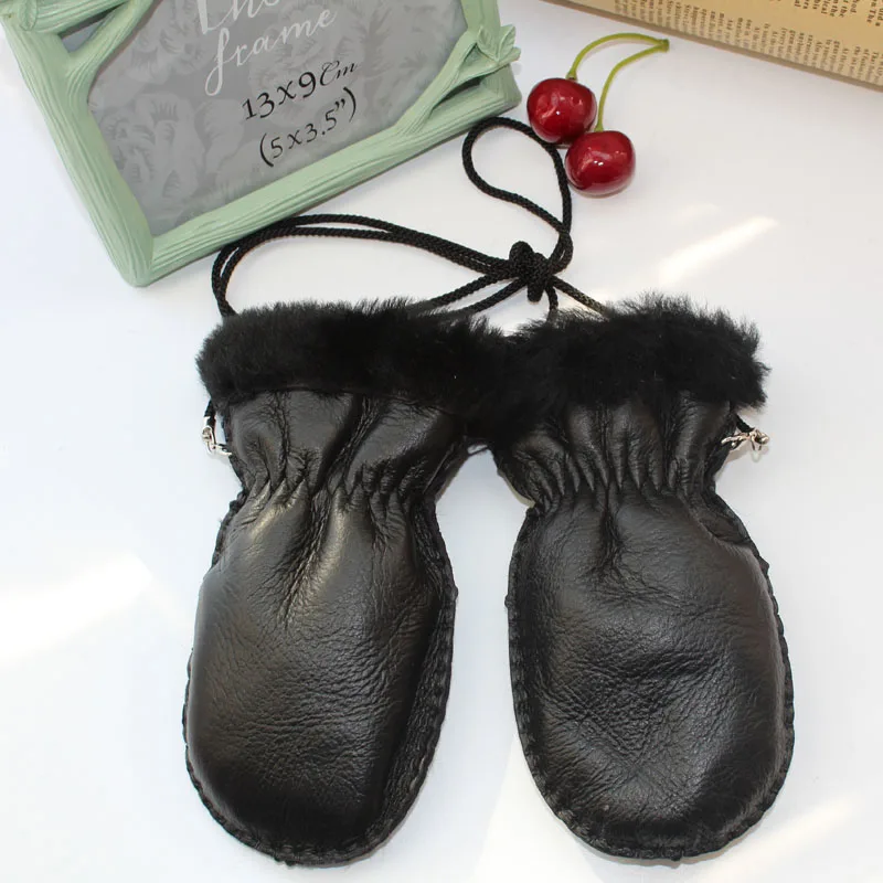 luvas de inverno quente para meninos meninas genuína pele de ovelha luvas luvas de neve crianças luvas de esqui luvas de pele das crianças corda preta