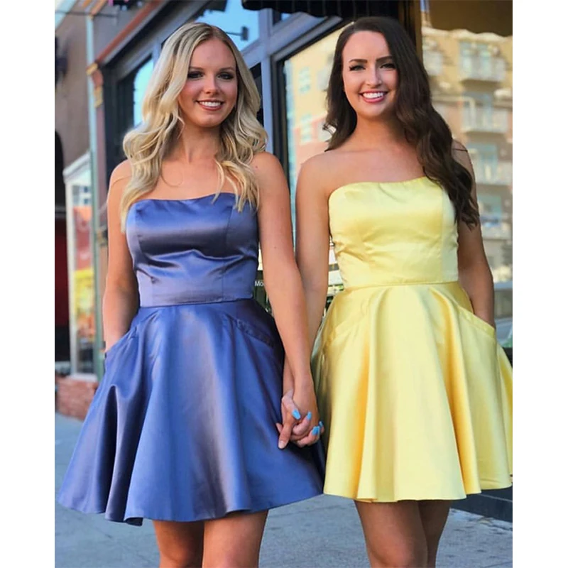 2019 Mini Korte Graduation Homecoming Jurken Met Pocket Strapless A-lijn Geel Satijn Homecoming Cocktail Party Dress Korte