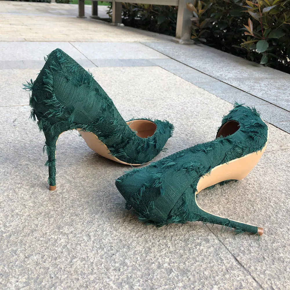 Veowalk Green Tassel Women Distressed Canvas Fabric High Heel Shoes Sexy Ladies Slip On Pointy Toe Wedding Bridal Stiletto Pumps