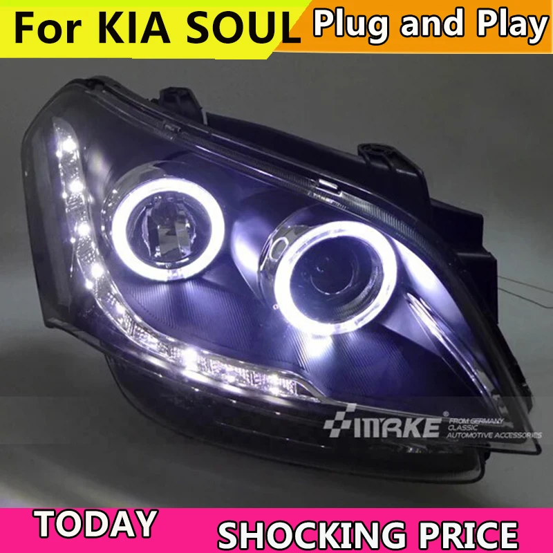 Car Style For KIA SOUL Headlights 2009-2013 SOUL LED Headlight Car angel eye led drl H7 hid Bi-Xenon Lens low beam Head lamp