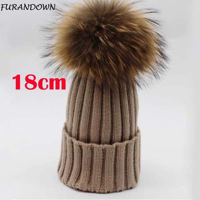 18cm Big Pompon Autumn Winter Beanie Women\'s Hat Real Fur Pompom Cap Solid Knitted Skullies Beanies For Ladies