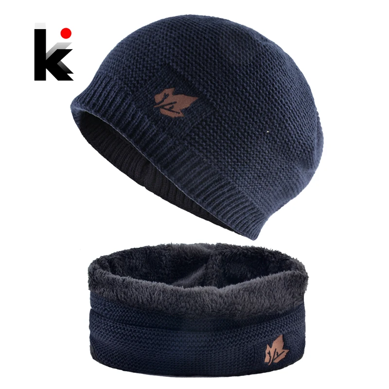 Men Winter Hat Scarf Sets Fashion Maple Leaf Knitted Skullies Beanies Man Thick Add Velvet Knit Bonnet Cap Boys Scarves Set