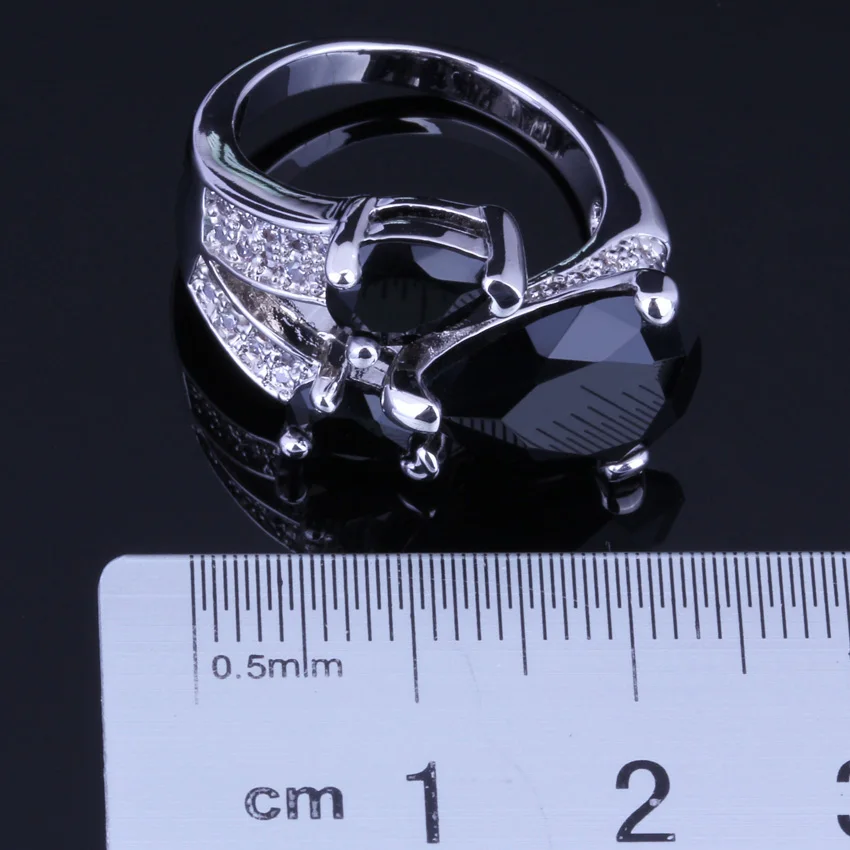 Super Big Pear Black Cubic Zirconia White CZ Silver Plated Ring V0149