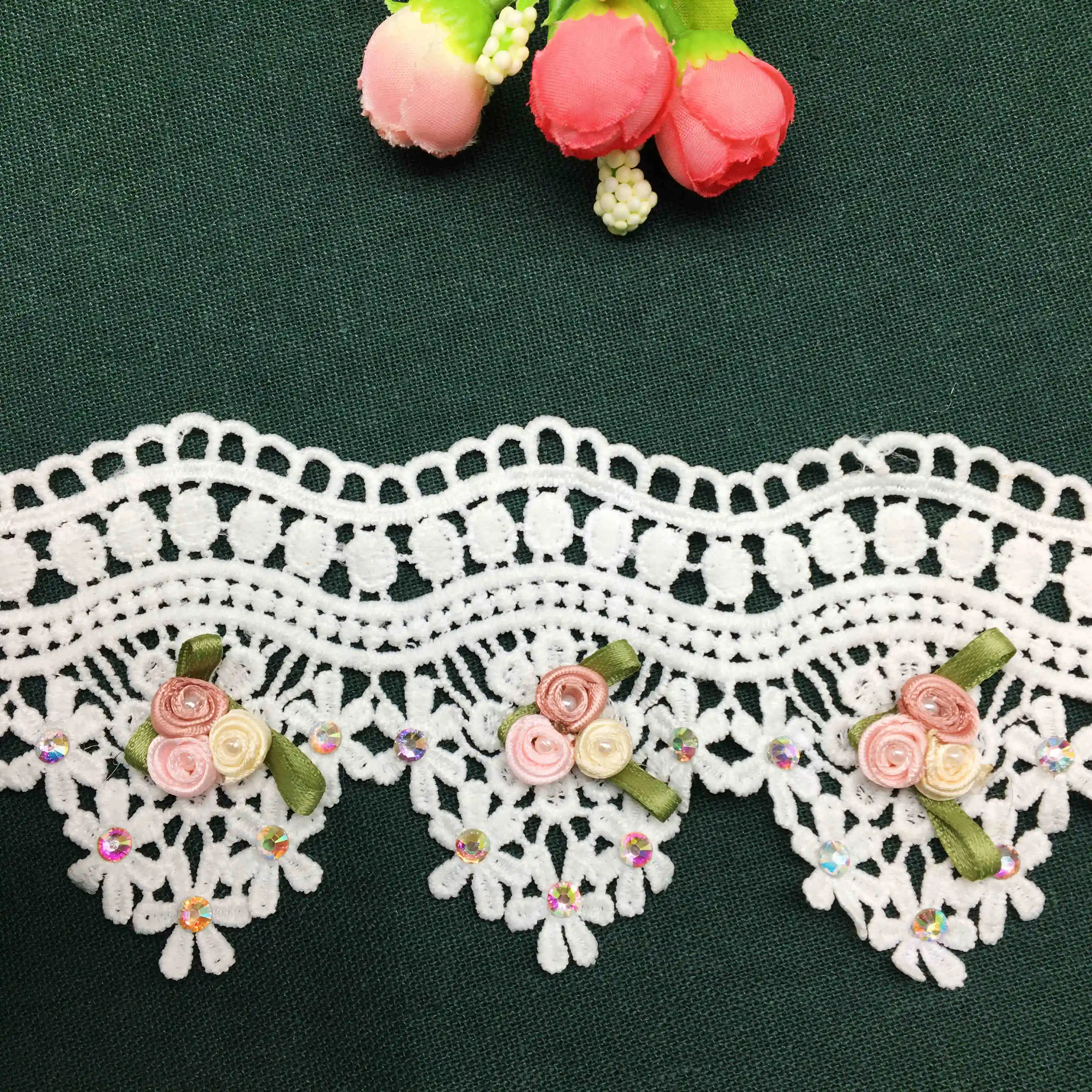 2 yard Fashion 3D Cotton Flower Diamond Pearl Lace Trim Ribbon Embroidered Wedding Fabric Trimming Applique Sewing Craft 7.5CM