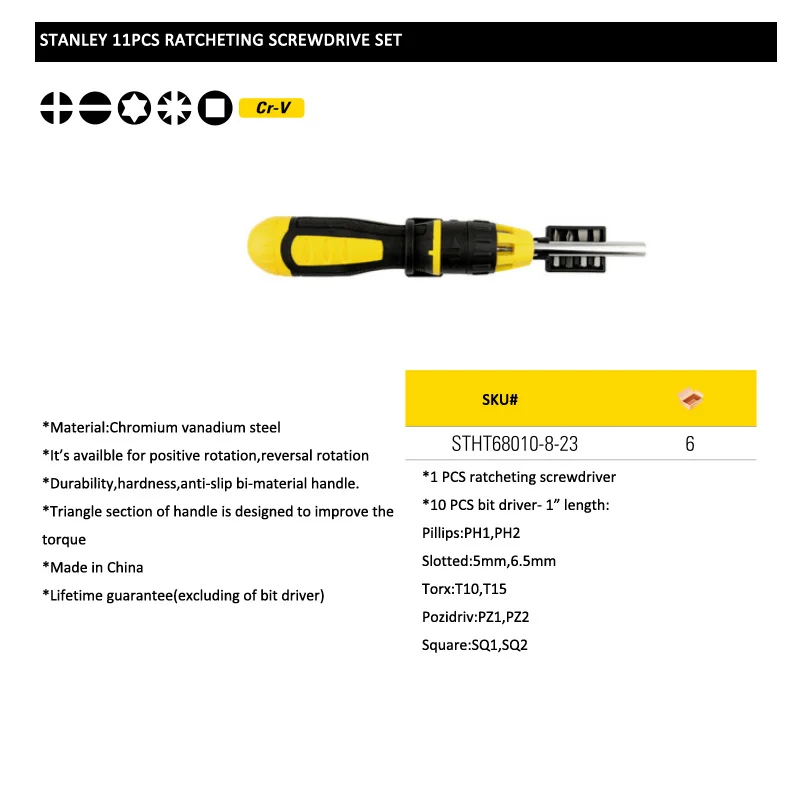 Stanley 11pcs multi-purpose ratchet screwdriver set electrician good ratcheting screwdrivers toolkit replacement bit in handle