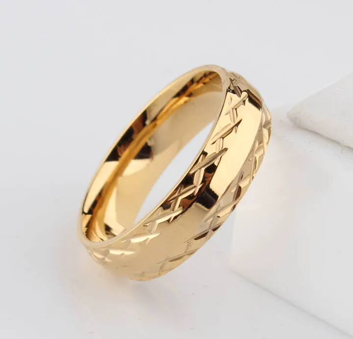 Anillos de boda de encaje de color dorado para hombres y mujeres, patrón de 6mm, acero inoxidable, joyería de promoción de pareja, venta al por mayor