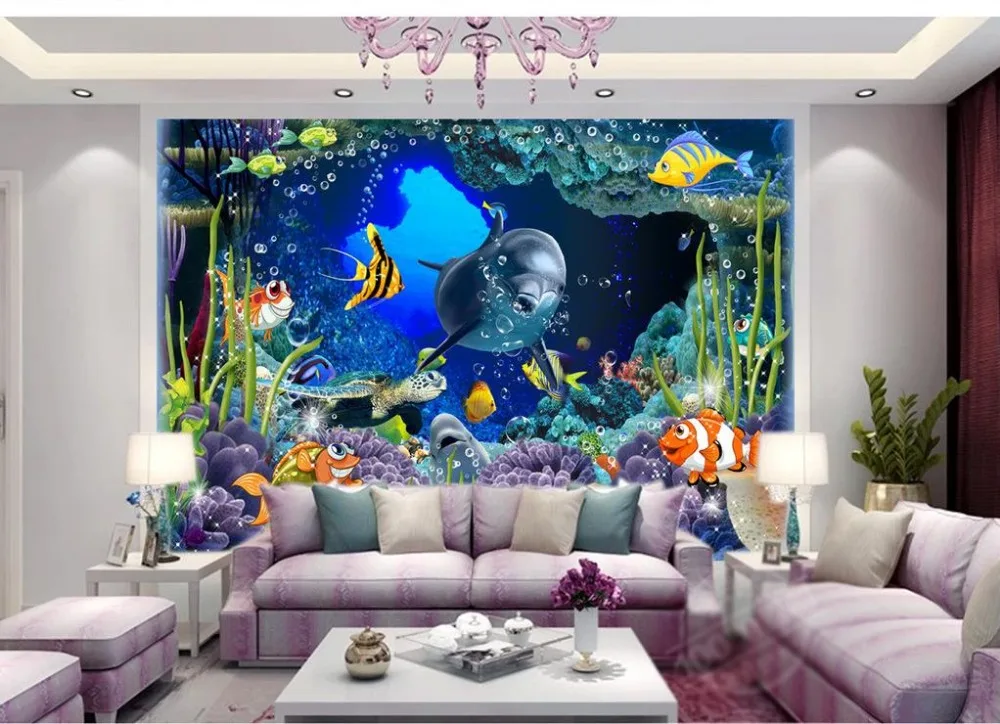 

3D stereoscopic TV backdrop Underwater World Dolphin 3d room wallpaper landscape 3d stereoscopic wallpaper