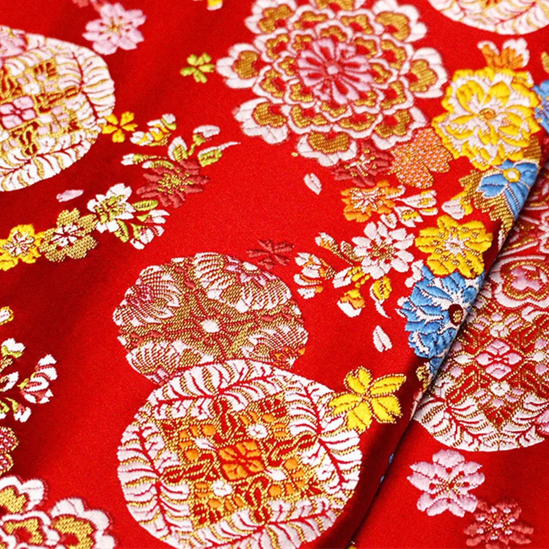 CF531 1meter Red Florals Jacquard Nishijin Brocade Fabric Chinese Wedding Cheongsam/Japanese Kimono Fabric DIY Sewing Cloth