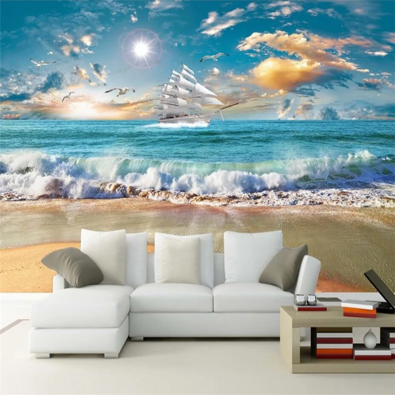 wellyu Smooth seascape sailboat sunrise living room TV background wall custom large mural environmental wallpaper