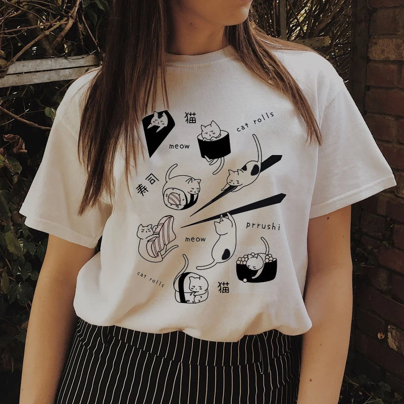 

Sushi and Cat Animal Cute Cartoon Anime White Soft Slogan T-Shirt Summer Japanese Shirt Kawaii Grunge Graphic Tops quote Outfits