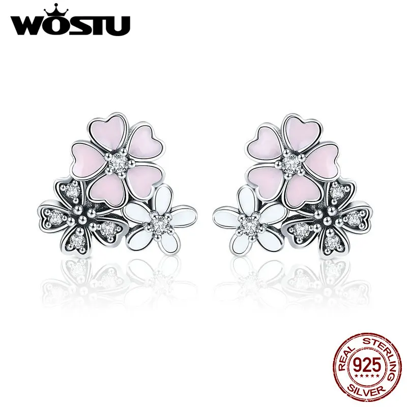 WOSTU Hot Sale 925 Sterling Silver Poetic Cherry Blooms Flowers Stud Earrings for Women Fashion Original Silver Jewelry CQE400